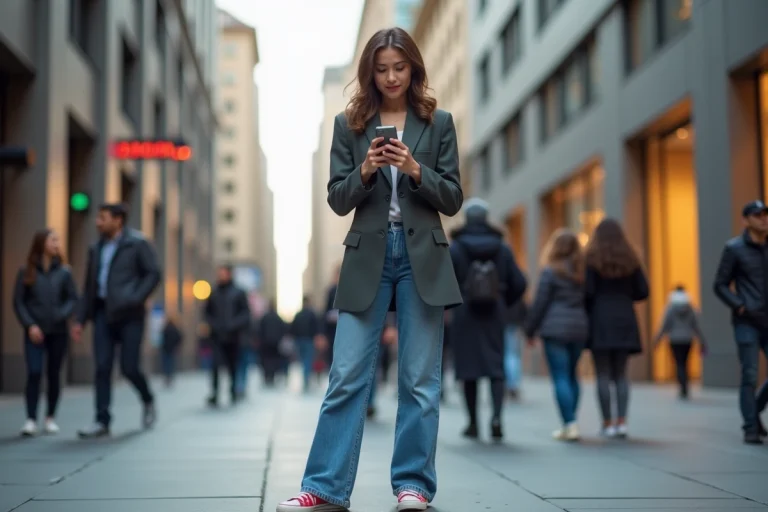 Jeune femme tendance en ville avec blazer et sneakers