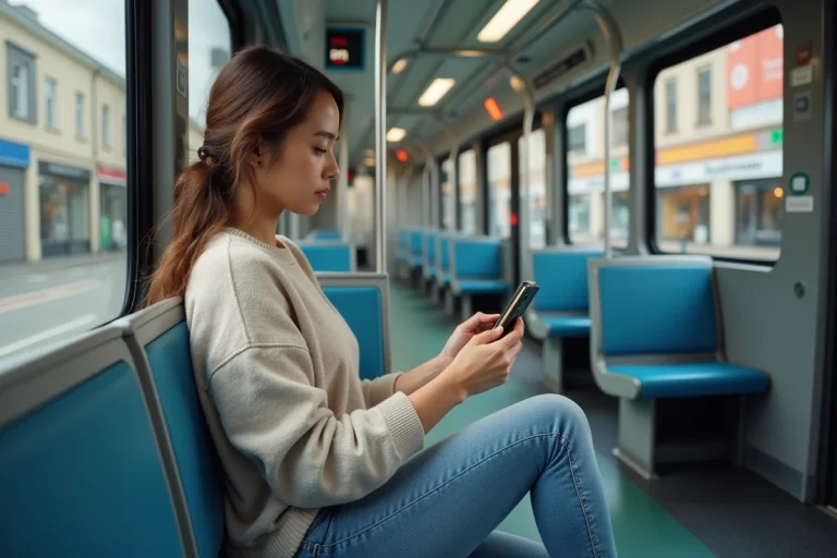 Jeune femme utilisant smartphone dans tram urbain
