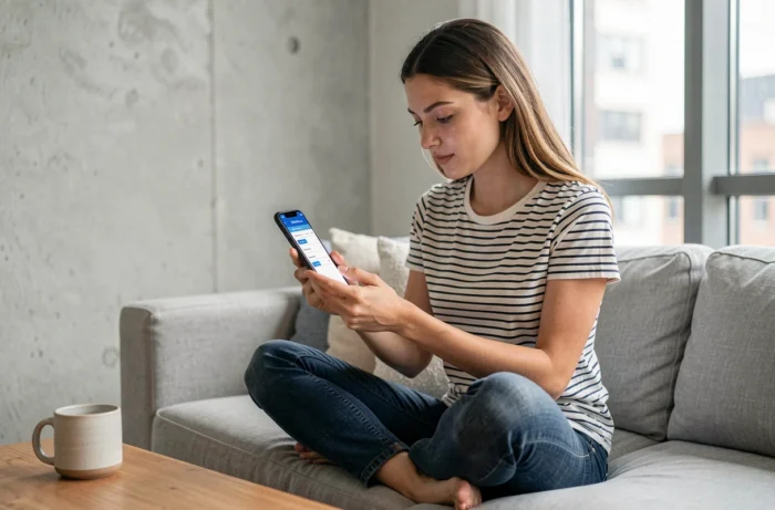 Jeune femme lisant la structure du site d'une mutuelle sur son smartphone dans son salon