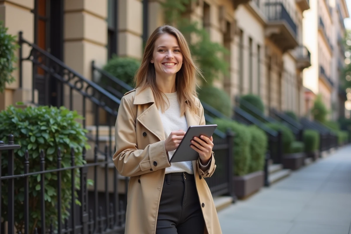 Jeune femme souriante avec tablette devant immeubles urbains