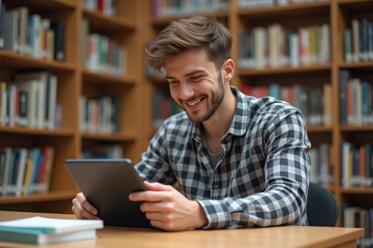 Jeune homme souriant vérifiant ses emails dans une bibliothèque