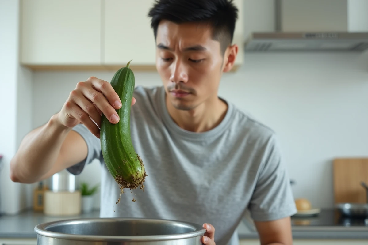 Jeune homme examinant un concombre pourri au tri