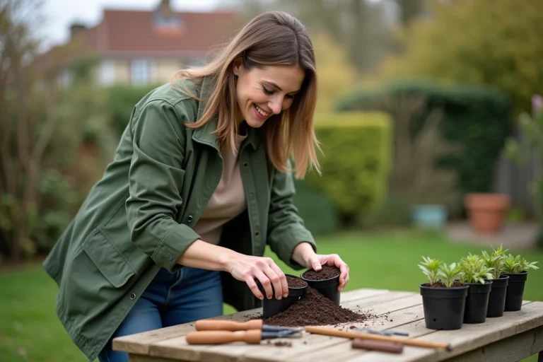 Jeune femme en jardinage remplissant des pots de semis