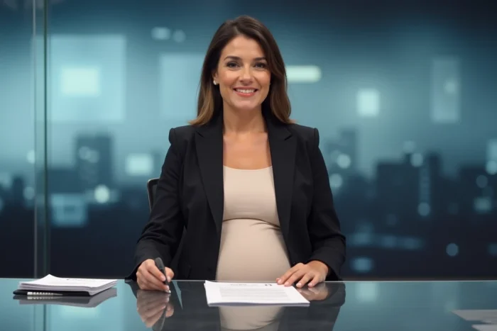 Journaliste enceinte en plateau de télévision, posture professionnelle et confiante derrière un bureau de journaliste