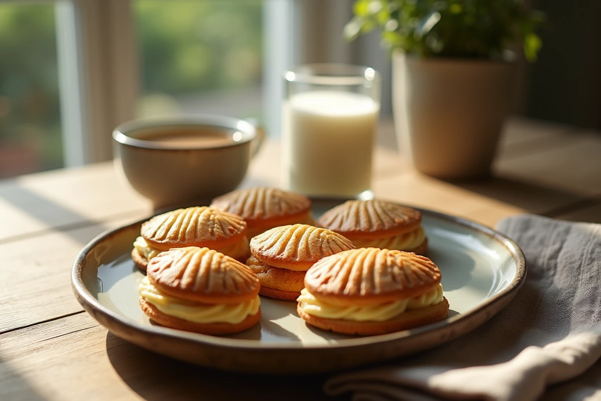 Madeleines dorées sur une assiette en céramique avec napkin et lait