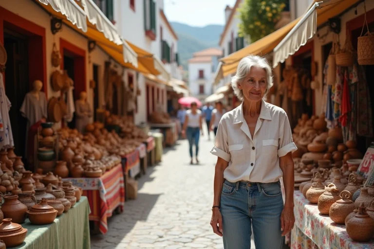 Marché animé de Dancharia en Espagne avec des étals colorés de produits locaux et une femme qui fait ses achats