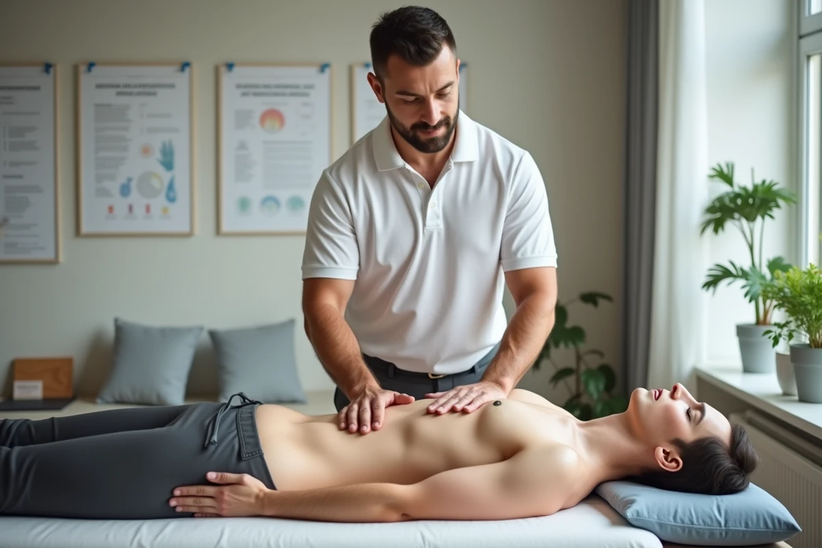 Praticien en massage sur un modèle anatomique
