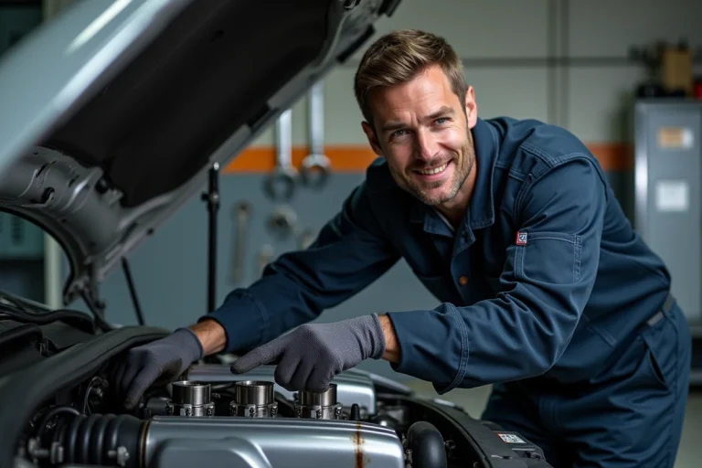 Mécanicien automobile indiquant le cylindre 1 sur un moteur 4 cylindres dans un atelier professionnel