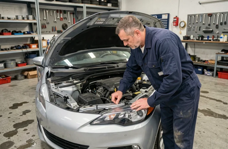 Mécanicien professionnel inspectant le moteur d'une voiture dans un garage automobile bien équipé