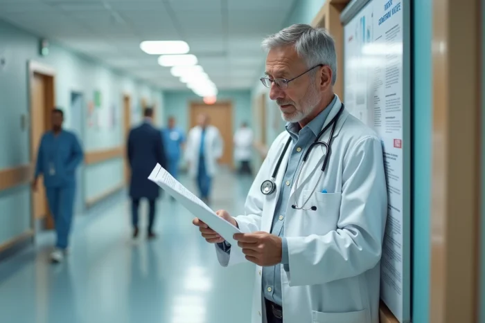 Médecin hospitalier lisant un bulletin d'information professionnelle dans un couloir de service hospitalier