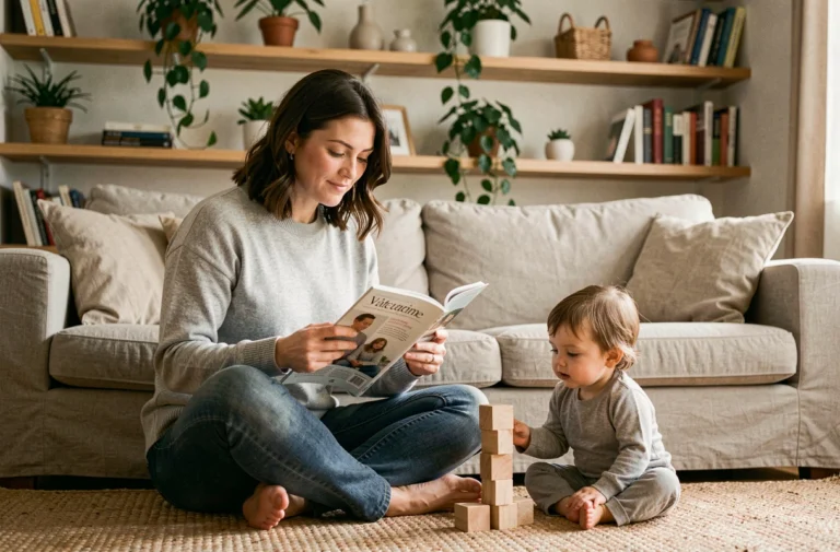 Mère lisant un magazine parental sur un canapé en lin beige avec son jeune enfant jouant à côté