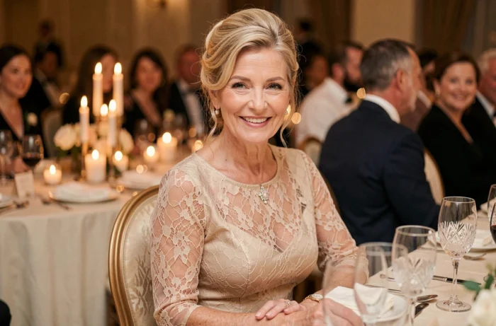 Mère du marié assise en robe dentelle champagne lors d'une réception de mariage élégante avec décoration raffinée