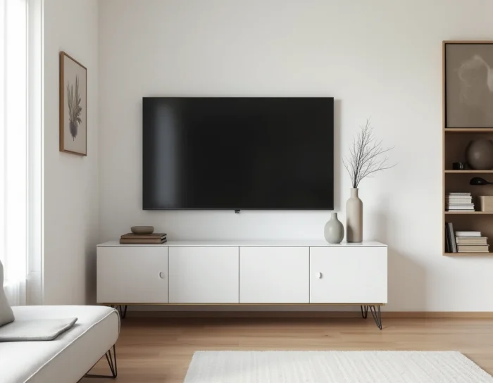 Meuble TV d'angle bas laqué blanc style scandinave avec pieds en laiton brossé dans un intérieur minimaliste au parquet clair