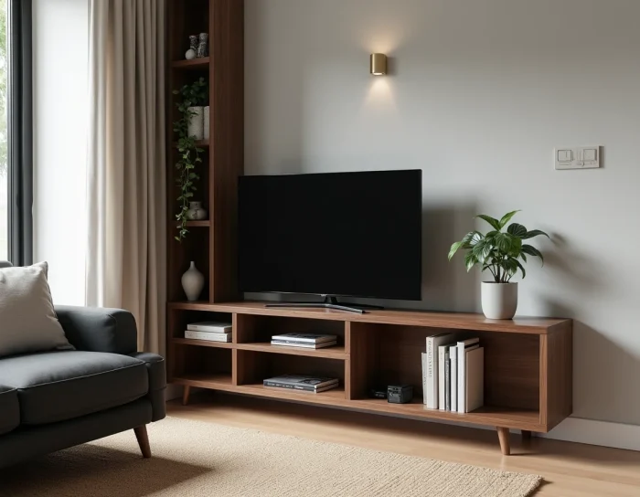 Meuble TV d'angle en noyer foncé avec étagères géométriques ouvertes dans un salon contemporain aux tons gris et chauds