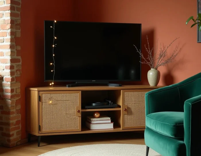 Meuble TV d'angle en rotin et métal noir style bohème dans un salon aux tons terracotta et vert émeraude avec détails vintage