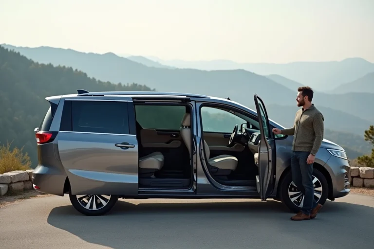 Homme ouvrant la porte d'une minivan 2024 avec vue panoramique