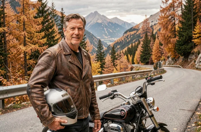 Motard expérimenté en veste de cuir posant près de sa moto de tourisme sur une route de montagne en automne