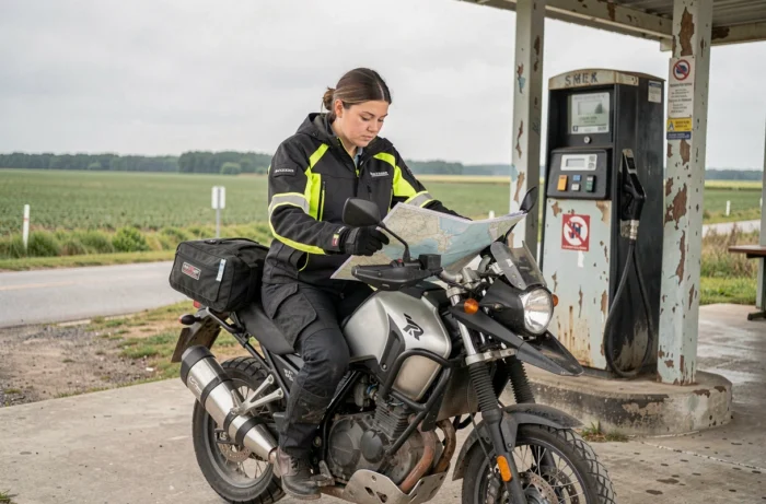 Motarde consultant une carte routière sur sa moto adventure lors d'un voyage à travers la campagne