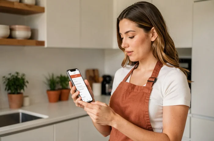 Jeune femme consultant le plan du site monblogdeco.com sur smartphone depuis une cuisine moderne et design