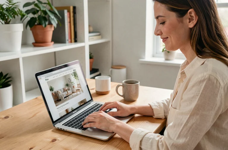 Femme naviguant sur un site de décoration intérieure depuis son bureau à domicile, illustrant la navigation facile grâce au plan du site