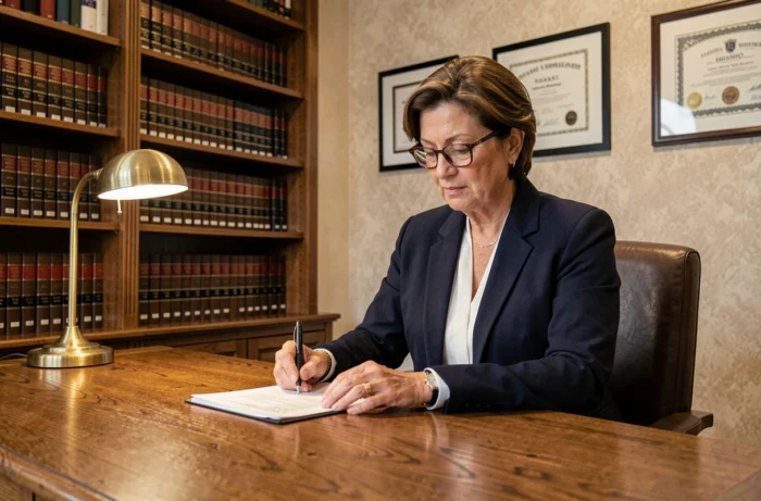 Notaire femme consultant des documents juridiques dans son bureau avec bibliothèque de livres de droit
