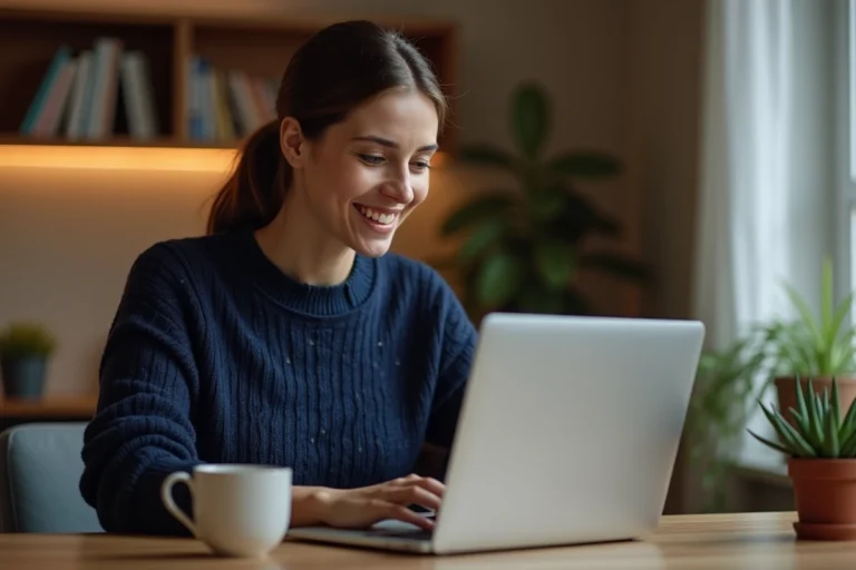 Femme effectuant un paiement en ligne sur Airbnb depuis son ordinateur portable à domicile
