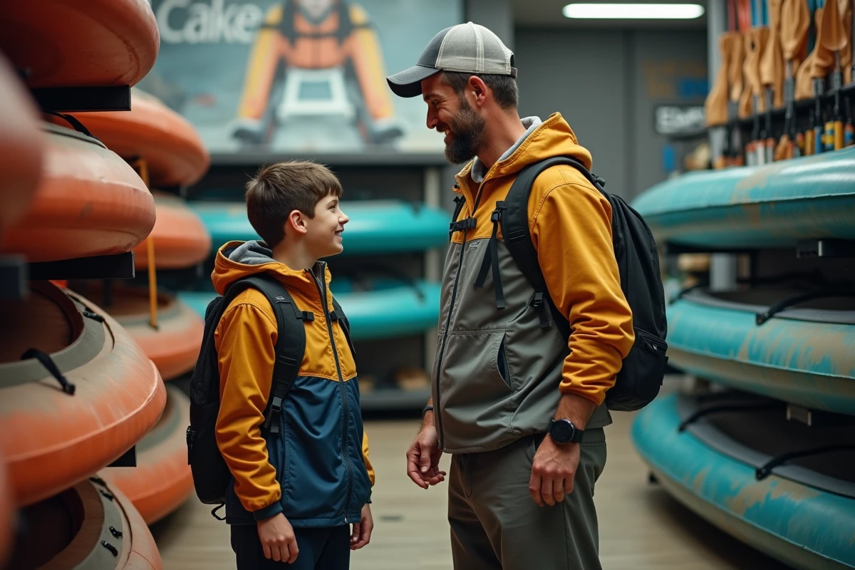 Père et fils discutant de kayaks dans un magasin de sport