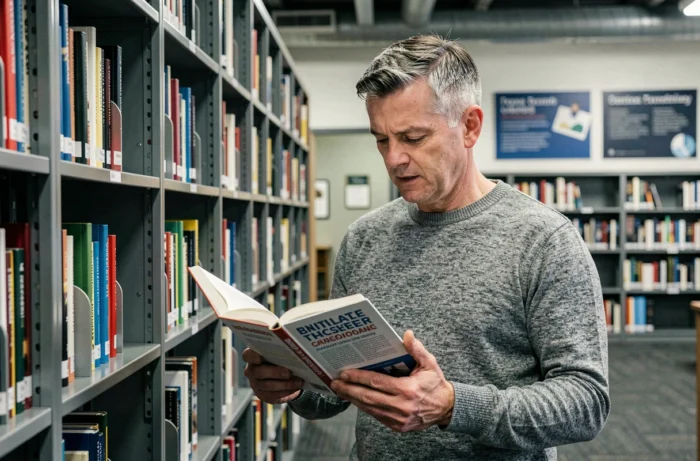 Un père compare deux livres éducatifs dans les rayons d'une bibliothèque publique pour trouver le meilleur choix pour son enfant