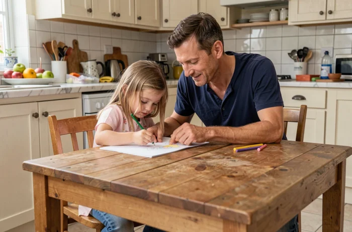 Père aidant sa fille à dessiner à la table de cuisine dans un cadre familial authentique