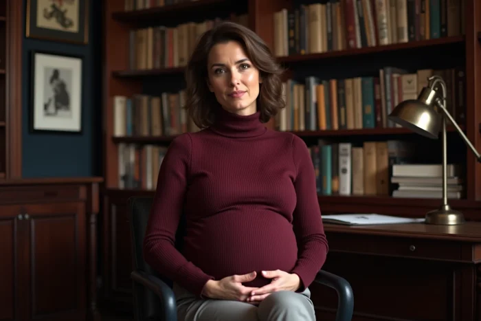 Portrait intimiste d'une journaliste enceinte en entretien dans un bureau éditorial chaleureux entouré d'archives de presse