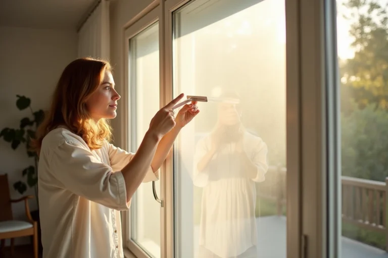 Femme appliquant un film isolant réfléchissant sur une fenêtre pour limiter la chaleur en été dans un salon lumineux