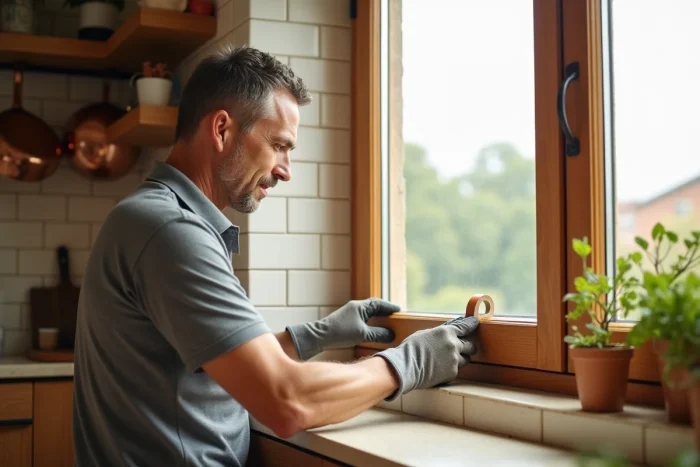 Homme posant un joint d'étanchéité isolant autour d'un cadre de fenêtre en bois dans une cuisine ensoleillée pour réduire les infiltrations de chaleur