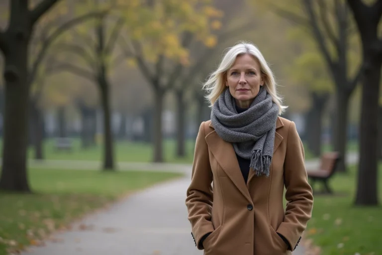 Femme en manteau et foulard dans un parc calme au printemps