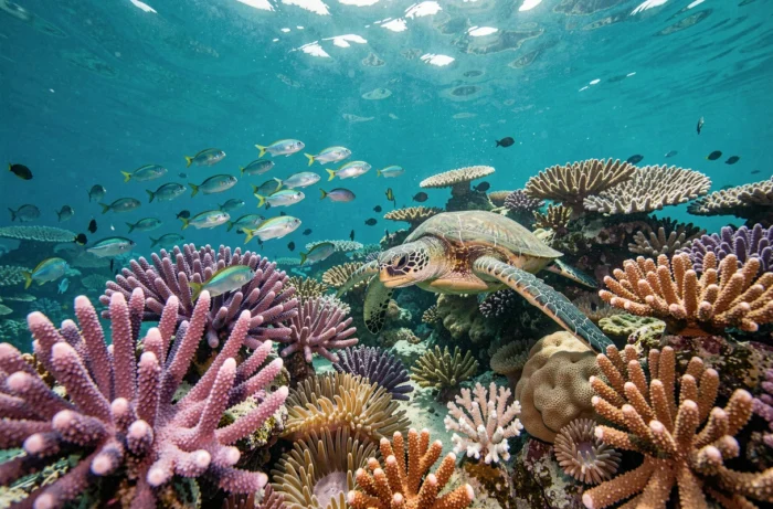 Récif corallien tropical sous-marin avec tortue de mer et banc de poissons colorés dans l'océan Pacifique