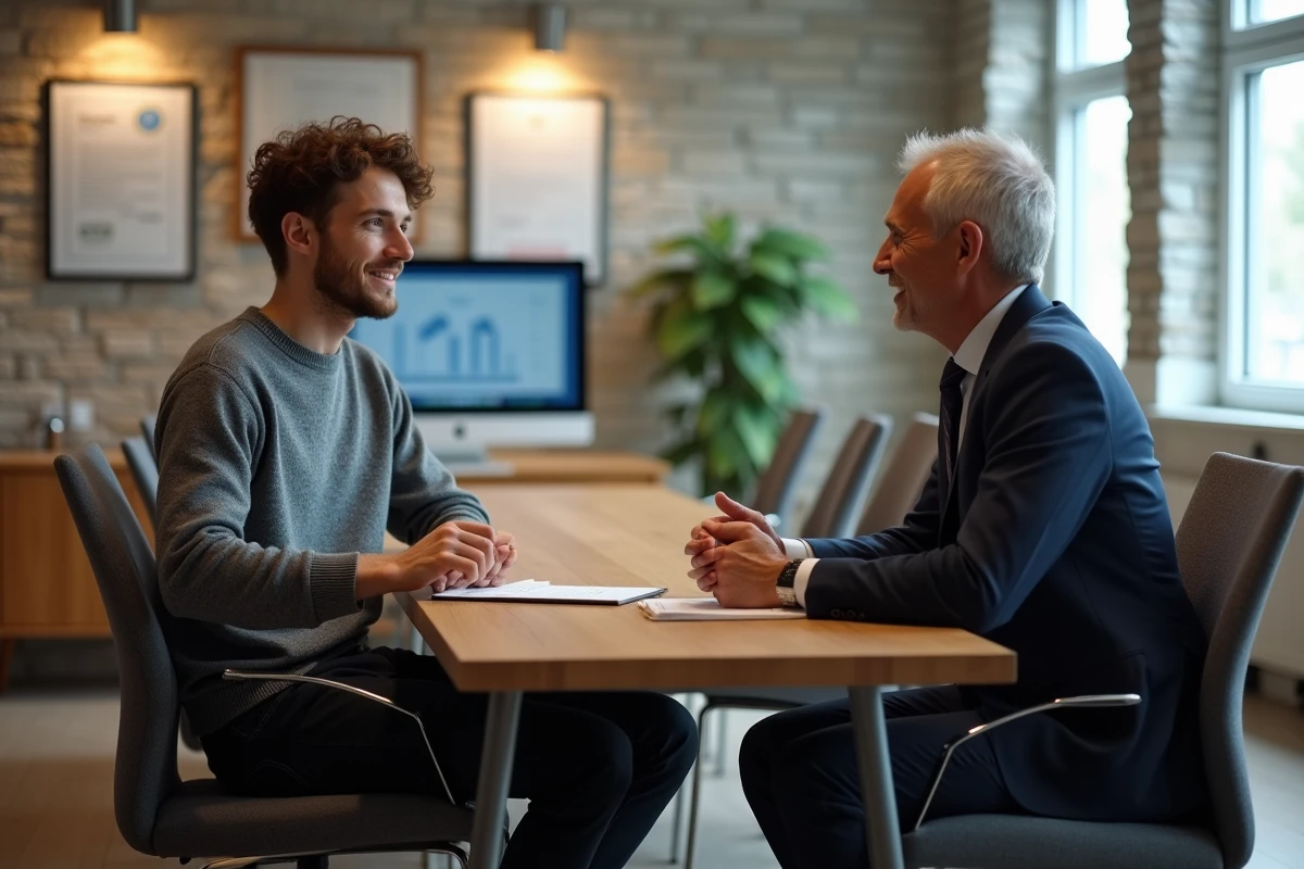 Jeune homme discutant avec avocat dans salle lumineuse