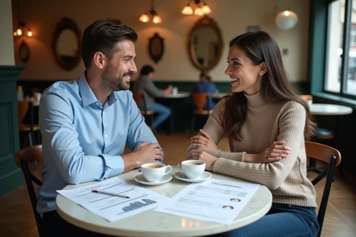 Deux entrepreneurs discutant d'un business plan autour d'un café dans un cadre parisien