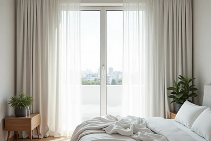 Rideaux thermiques occultants blancs installés devant une grande fenêtre double vitrage dans une chambre moderne pour isoler de la chaleur estivale