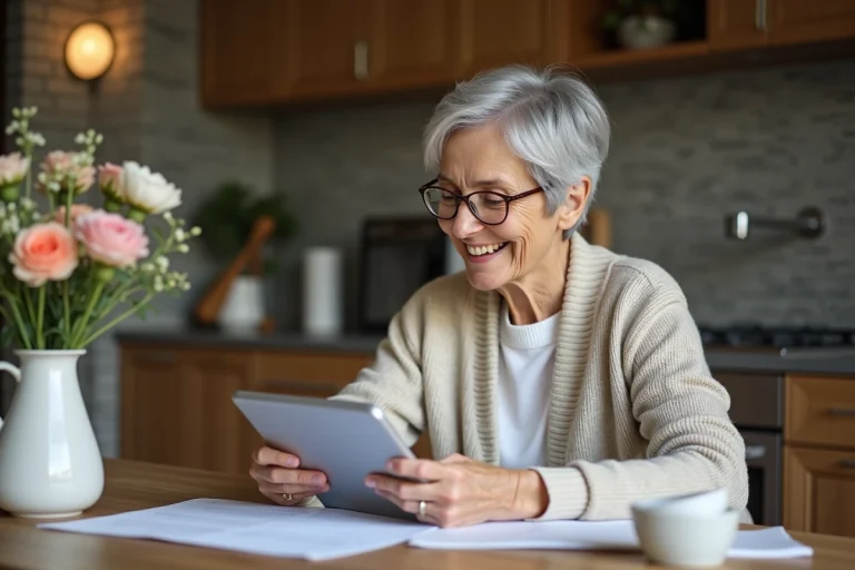 Femme senior souriante utilisant une tablette dans la cuisine