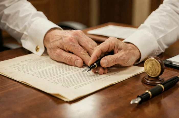 Gros plan sur les mains d'un notaire et d'un client signant un document légal officiel