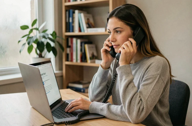 Jeune femme contactant le support technique MyCampus Eduservices par téléphone depuis son bureau à domicile