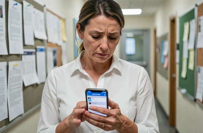 Femme consultant le support MyCampus Eduservices sur smartphone dans un couloir universitaire