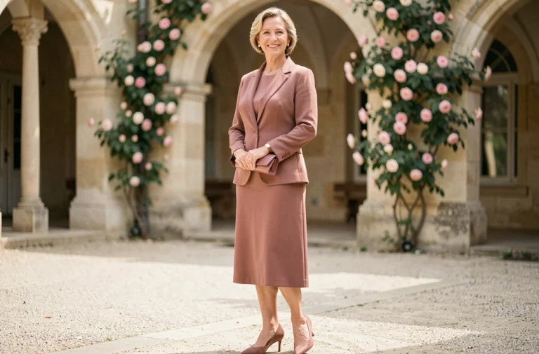 Mère du marié élégante en robe midi rose poudré avec blazer structuré dans une cour de château français