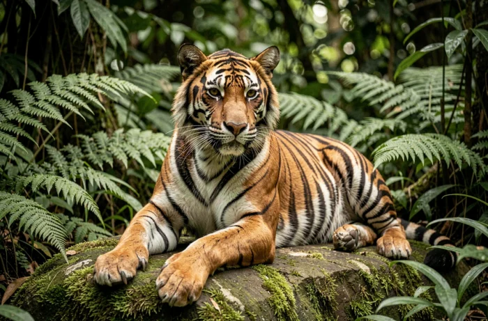 Tigre du Bengale majestueux allongé sur un rocher moussu dans la jungle tropicale, regard perçant vers l'objectif
