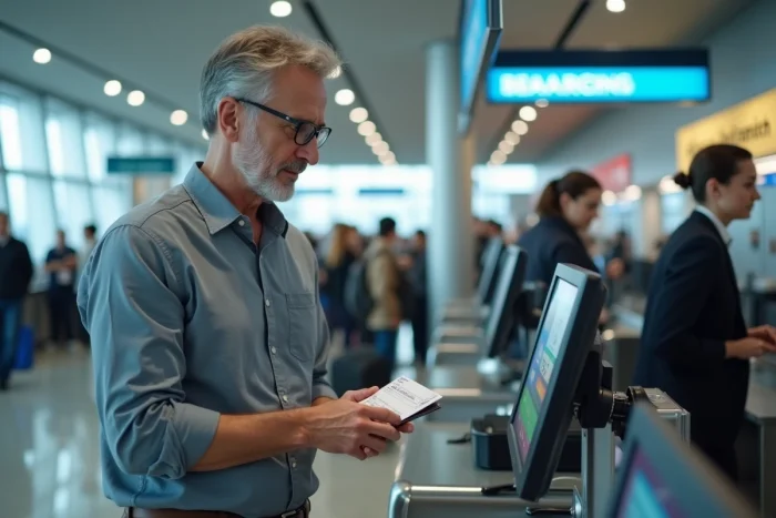Homme présentant son passeport au comptoir d'enregistrement d'un aéroport pour vérification du nom sur le billet