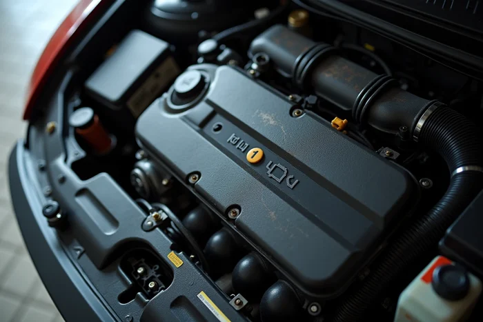 Vue du dessus d'un moteur automobile avec repère numéroté sur le cylindre 1 visible sur la culasse